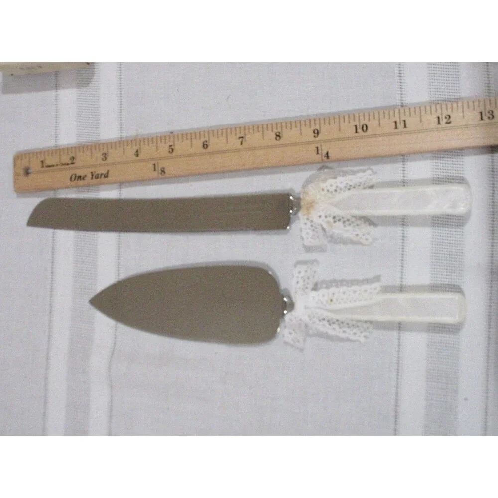 Bridal Knife Cake Cutting Set Loves Remembrance Stainless Steel Pearlized